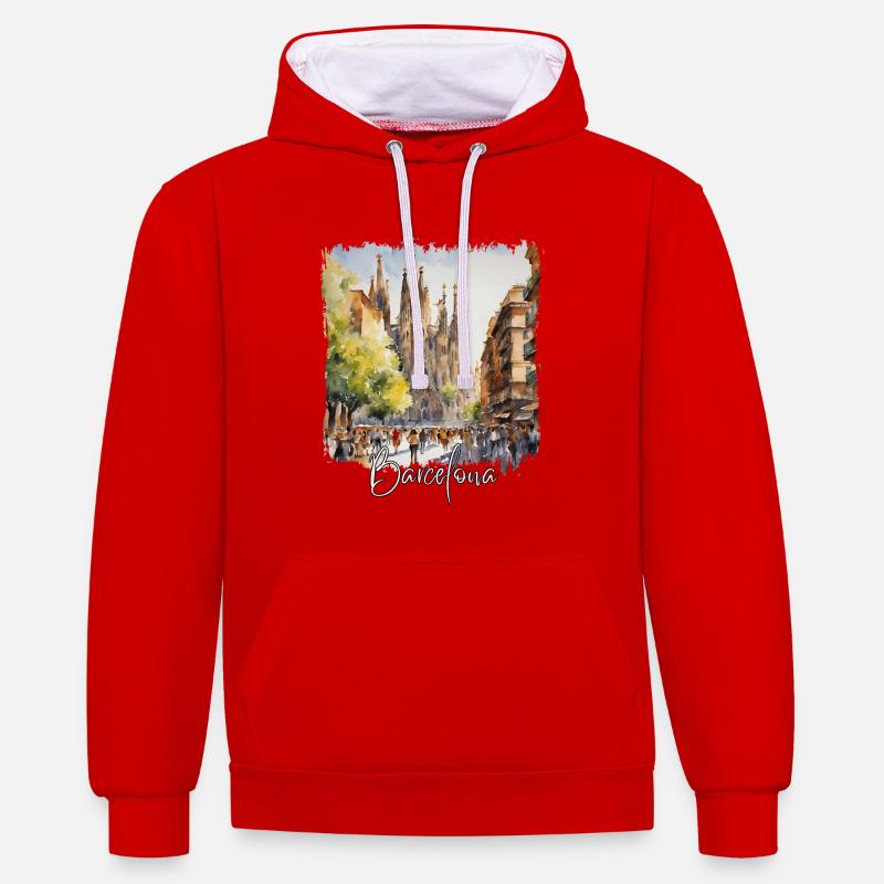 Aquarelle de Barcelone, Barcelone, Espagne - Sweat à capuche contrasté - rouge/blanc