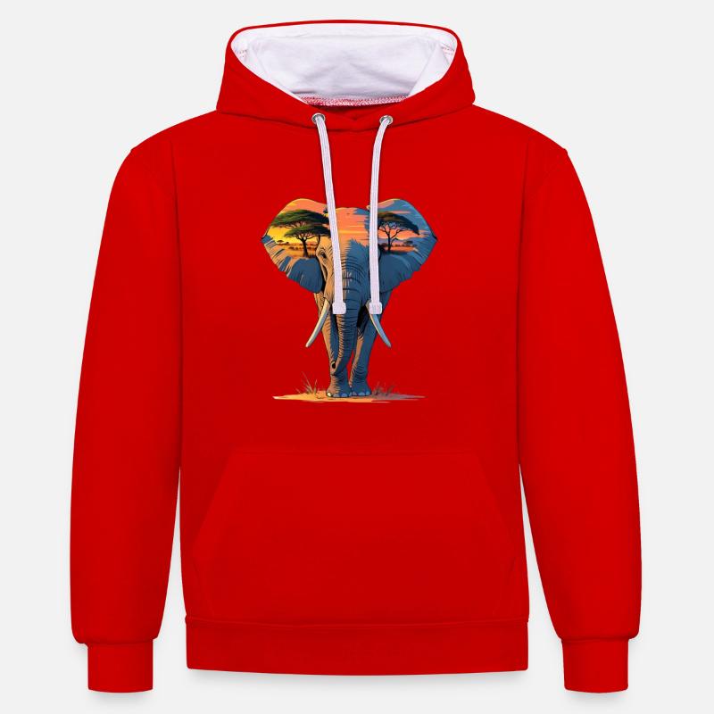 Silhouette d’éléphant au coucher du soleil - Sweat à capuche contrasté - rouge/blanc