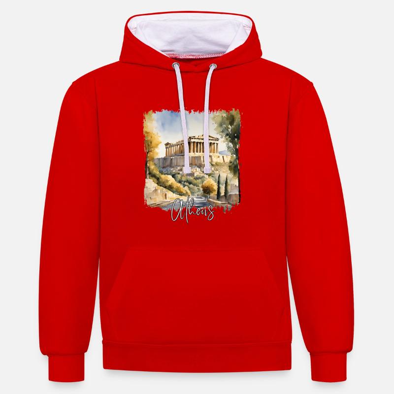 Aquarelle d’Athènes, Athènes Grèce - Sweat à capuche contrasté - rouge/blanc