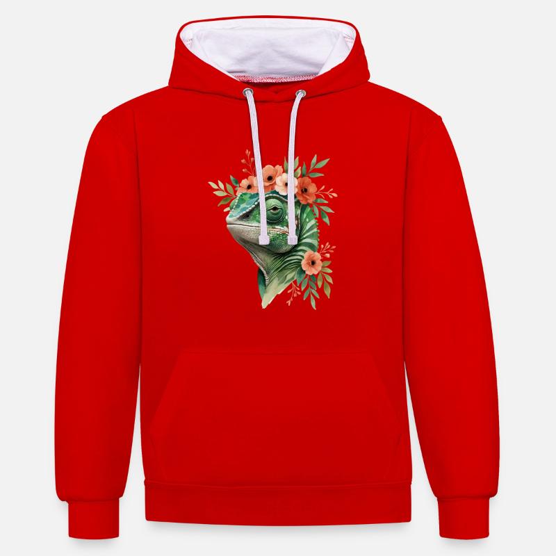 Couronne de fleurs avec caméléon - Sweat à capuche contrasté - rouge/blanc