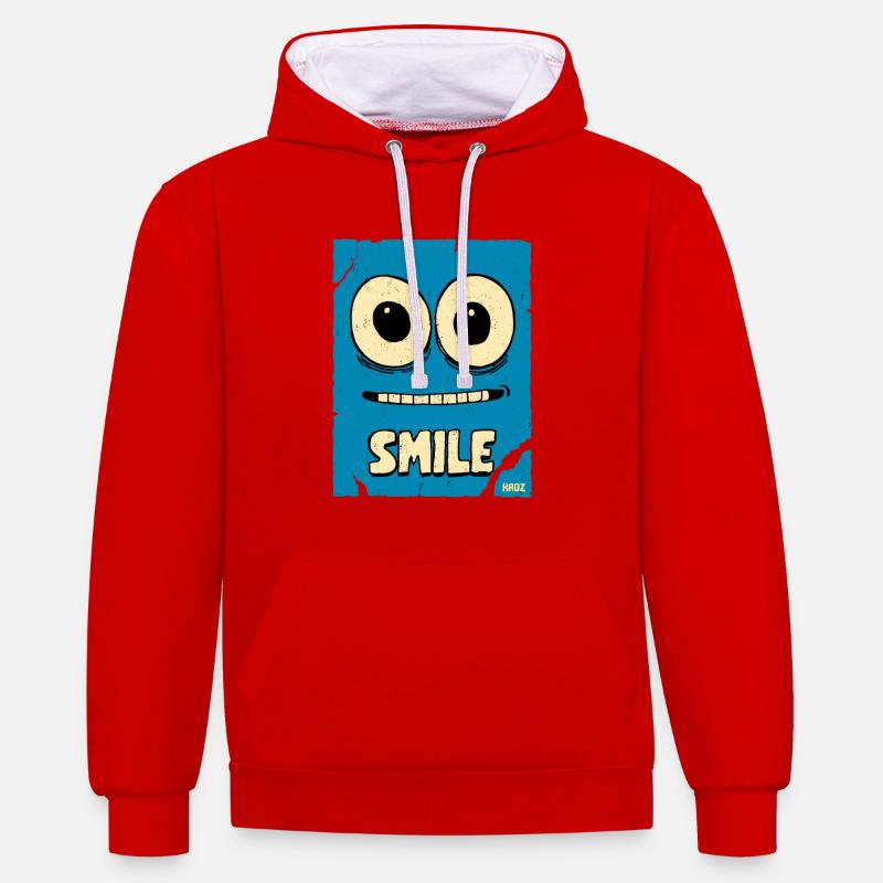 Visage de dessin animé bleu riant - Sweat à capuche contrasté - rouge/blanc
