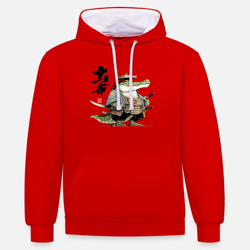 Alligator-Samurai-Duellant - Kontrast-Hoodie - Rot/Weiß