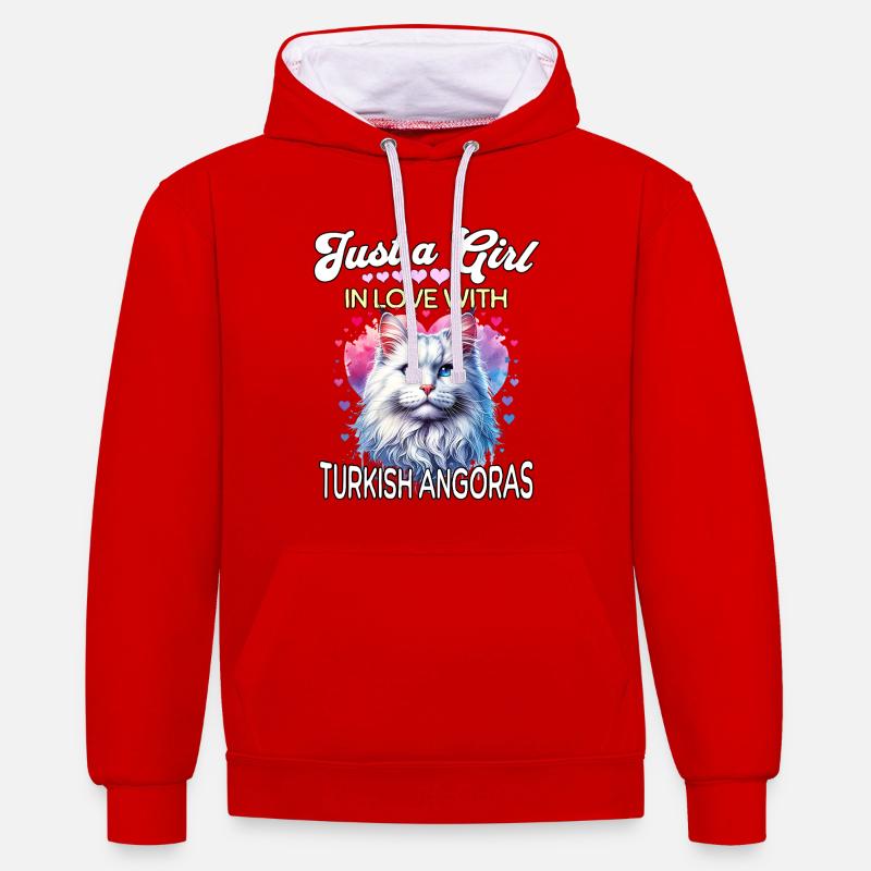 Fille-chat angora turque - Sweat à capuche contrasté - rouge/blanc