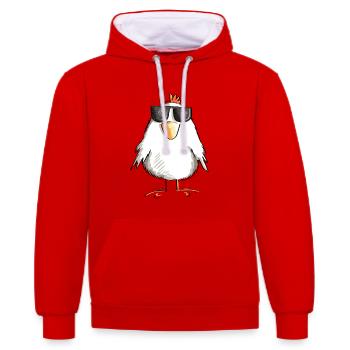 Huhn mit cooler Sonnenbrille - Hahn - Gockel - Kontrast-Hoodie - Rot/Weiß - Vorne - Liana (172cm) & Jaron (178cm)