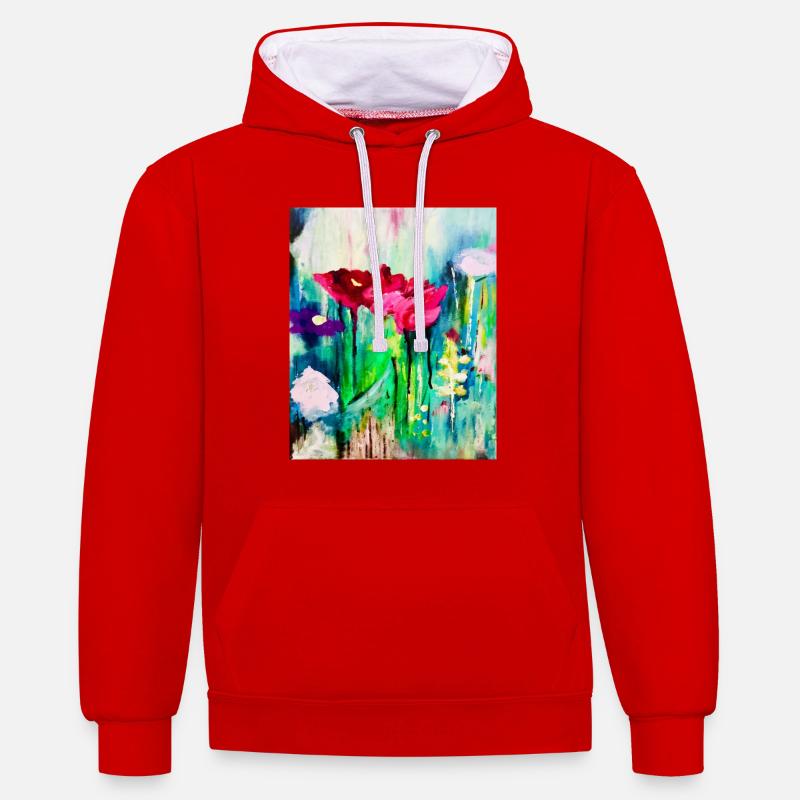 Aquarellblumen im Farbmeer - Kontrast-Hoodie - Rot/Weiß
