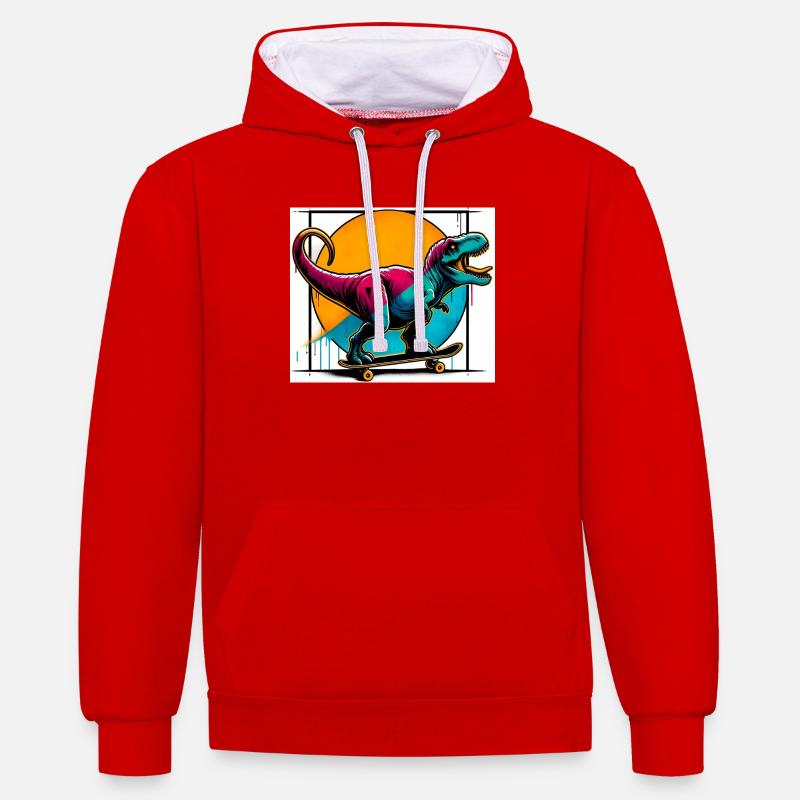 Dinosaure sur Skateboard - Sweat à capuche contrasté - rouge/blanc