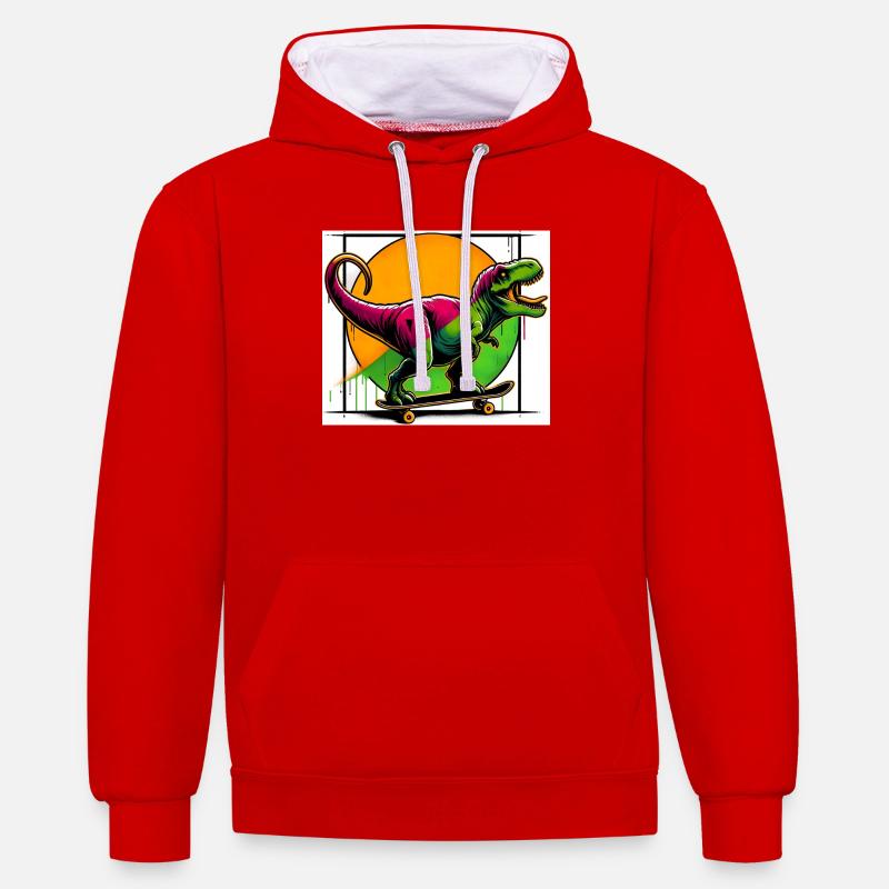 Dinosaure sur Skateboard - Sweat à capuche contrasté - rouge/blanc