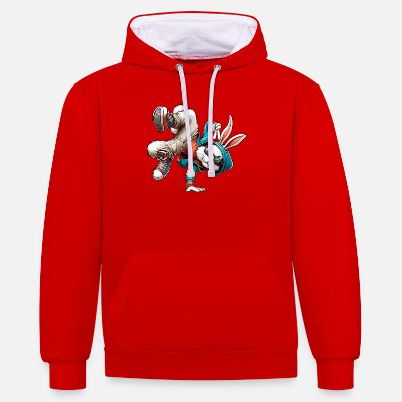 Pâques Pâques Lapin Danse Breakdance - Sweat à capuche contrasté - rouge/blanc