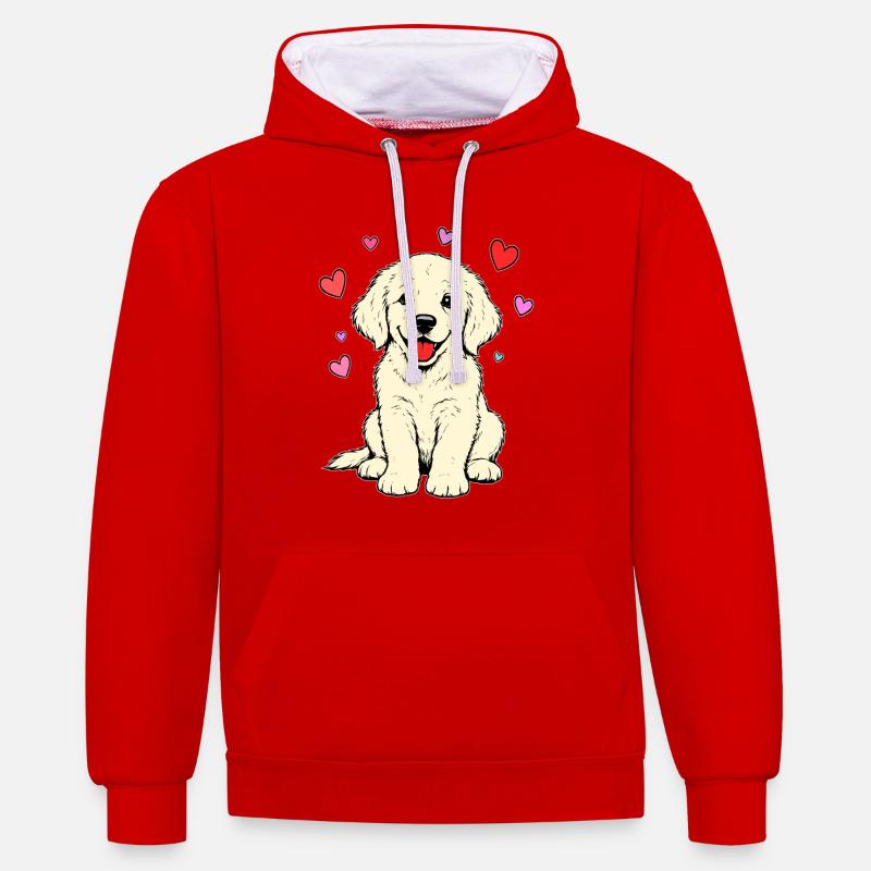Golden_Retriever_Welpen_sitzend_Herz_beige - Sweat à capuche contrasté - rouge/blanc