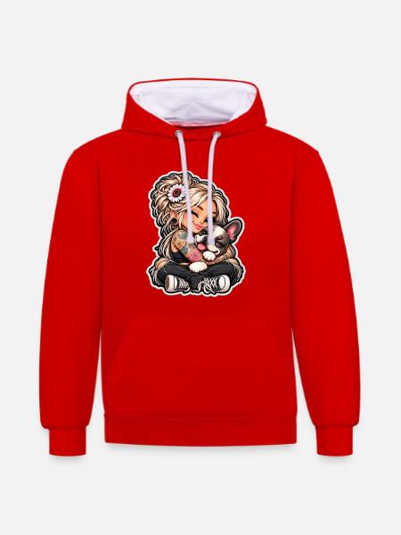 TattooMädchen kuschelt Bulldog - Kontrast-Hoodie - Rot/Weiß