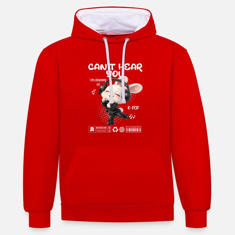 K-Pop Häschen mit Kopfhörern - Kontrast-Hoodie - Rot/Weiß