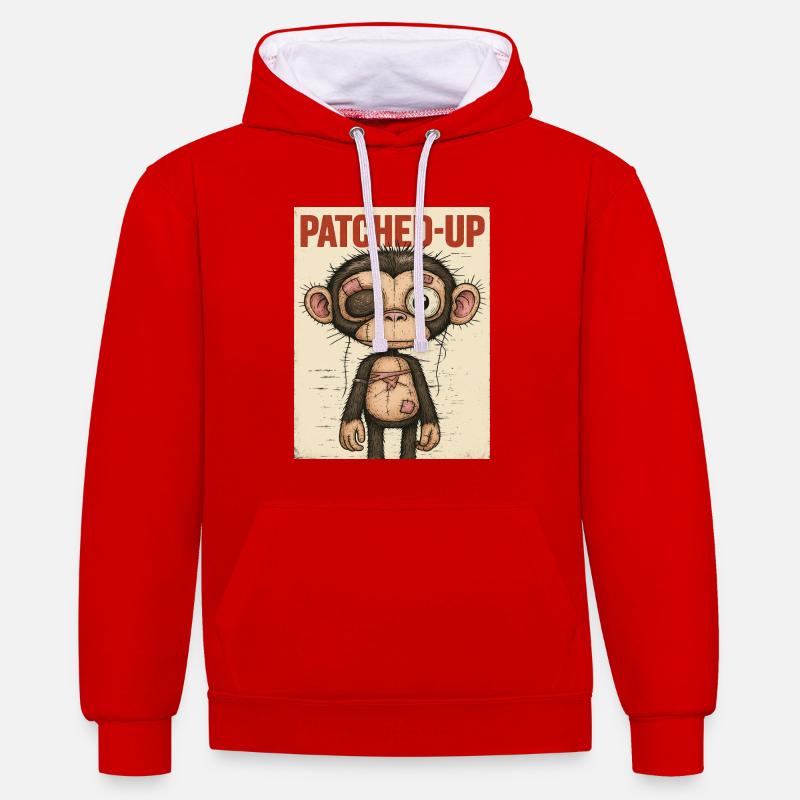 Patchwork Affe: Gepatcht und Tapfer - Kontrast-Hoodie - Rot/Weiß