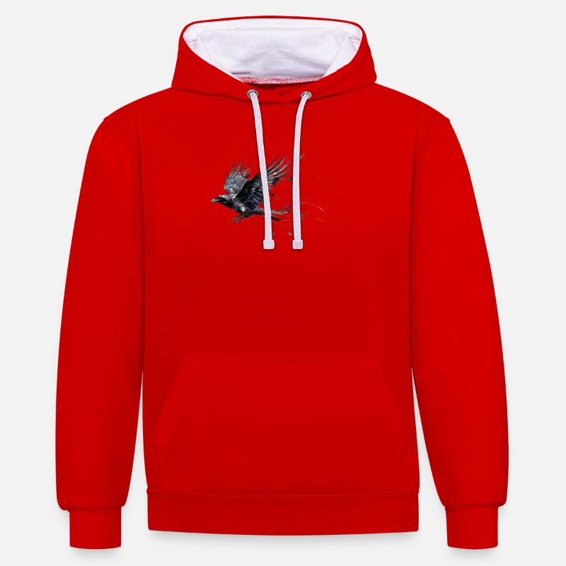Crow Raven Paint Splash - Aquarelle moderne - Sweat à capuche contrasté - rouge/blanc