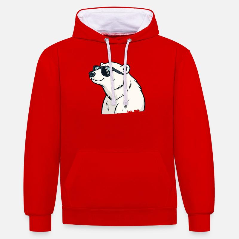 Cooler Eisbär mit Brille - Kontrast-Hoodie - Rot/Weiß