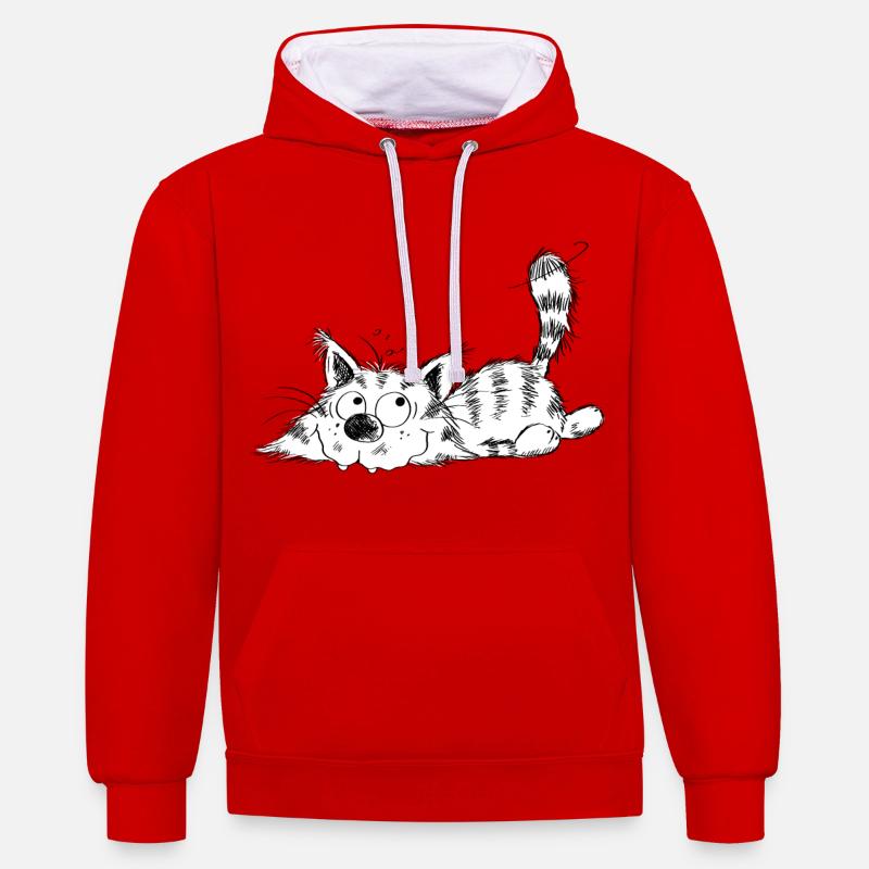 Drôle petit chat - dessin animé - Sweat à capuche contrasté - rouge/blanc