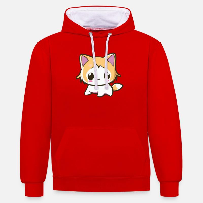 Kawaii Chibi Cat - Mignon chaton d’anime - Sweat à capuche contrasté - rouge/blanc