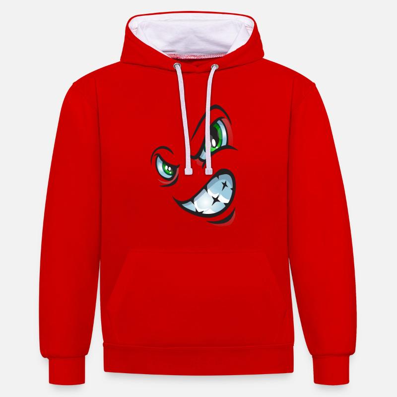 Visage de bande dessinée en colère - Sweat à capuche contrasté - rouge/blanc