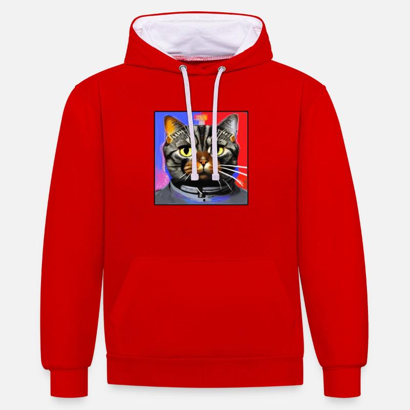 Chat de l’espace - Sweat à capuche contrasté - rouge/blanc