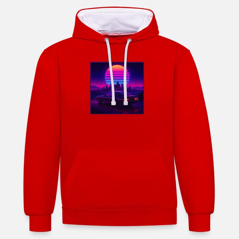 Neon Outrun Sunset Car – Synthwave rétro - Sweat à capuche contrasté - rouge/blanc