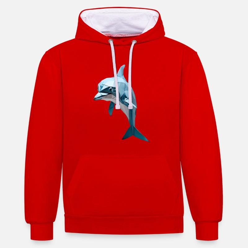 Bleu Low-Poly Dolphin - Sweat à capuche contrasté - rouge/blanc