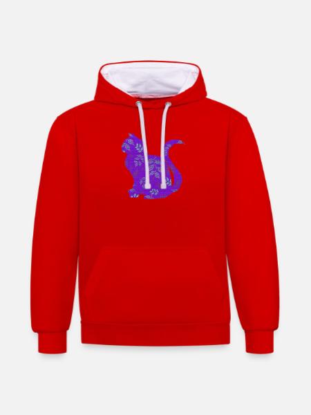 sitzende katze, gemustert, Blumen Outfits - Kontrast-Hoodie - Rot/Weiß