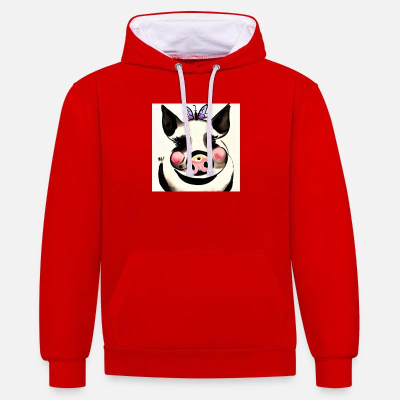 Cochon ludique avec papillon - Sweat à capuche contrasté - rouge/blanc