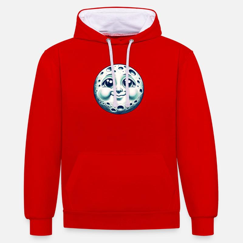 Drôle de lune avec visage - Sweat à capuche contrasté - rouge/blanc