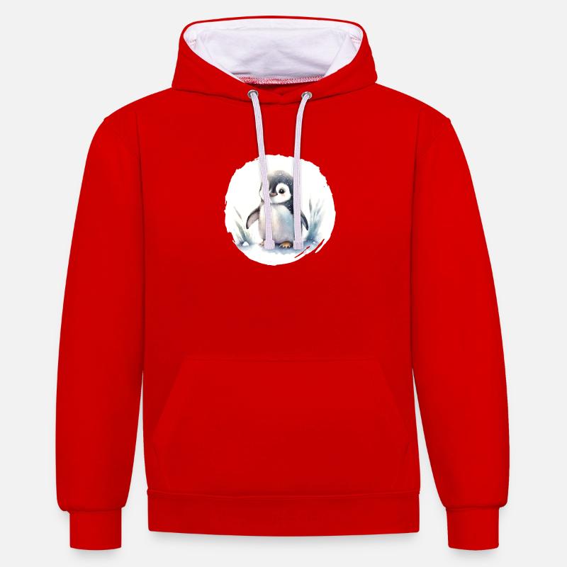 Aquarelle de pingouin - Sweat à capuche contrasté - rouge/blanc