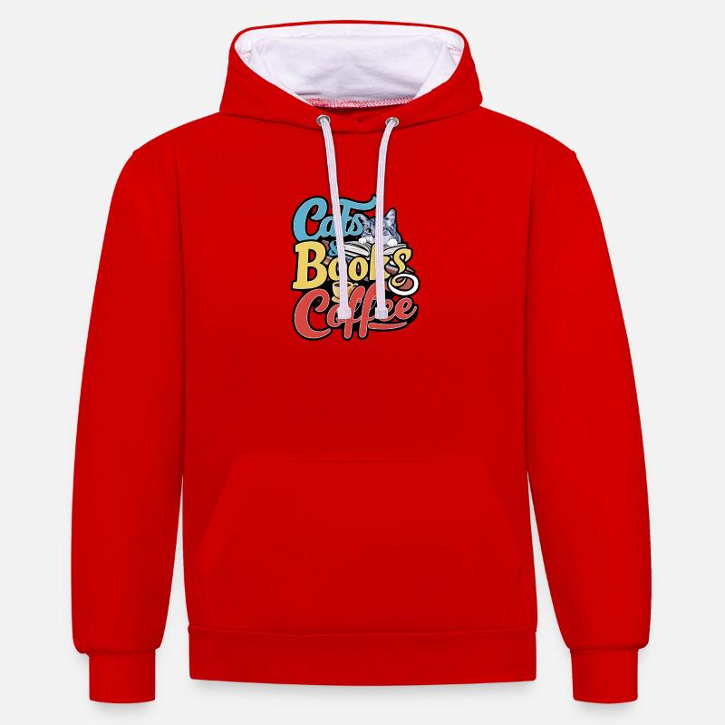 Chats et livres avec design Café - Sweat à capuche contrasté - rouge/blanc