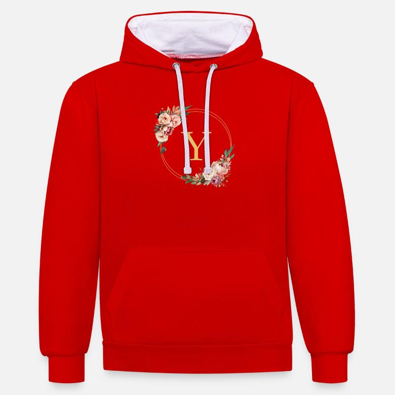 Monogramme Y, Couronne de fleurs, Personnalisable - Sweat à capuche contrasté - rouge/blanc