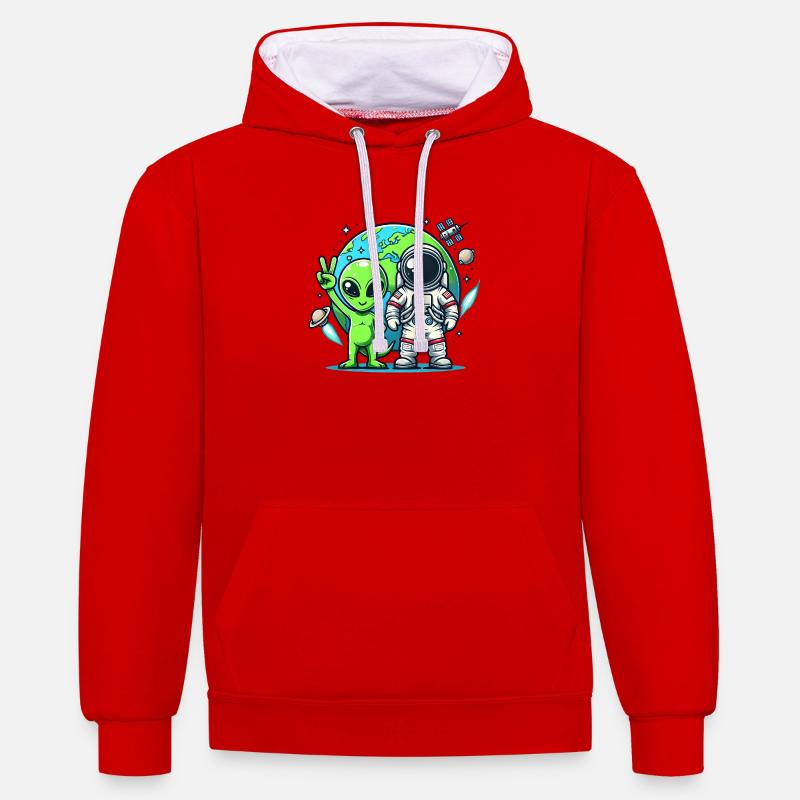 Astronautes extraterrestres dans l’espace - Sweat à capuche contrasté - rouge/blanc