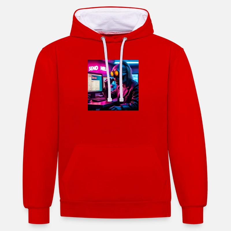 Cyberpunk Neon-Skull Hacker Send Help Design - Kontrast-Hoodie - Rot/Weiß