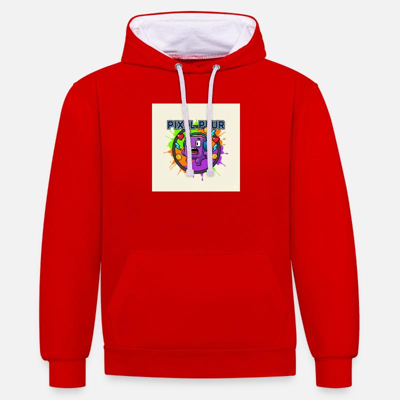 Pixel Peur Monstre Pixel Art - Sweat à capuche contrasté - rouge/blanc