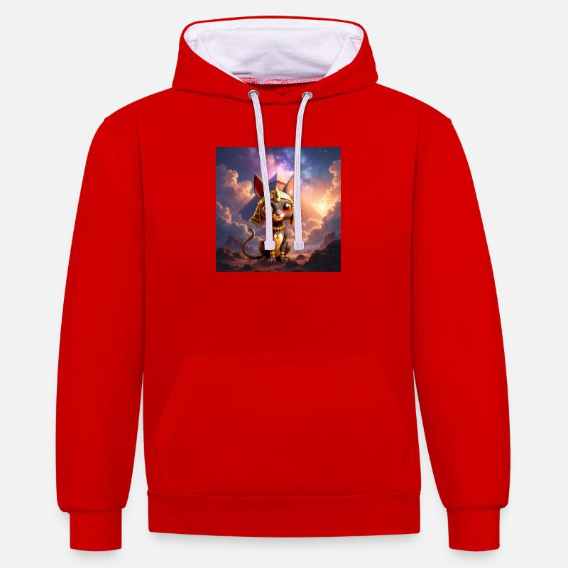 Pharaon Cat devant la pyramide - Sweat à capuche contrasté - rouge/blanc