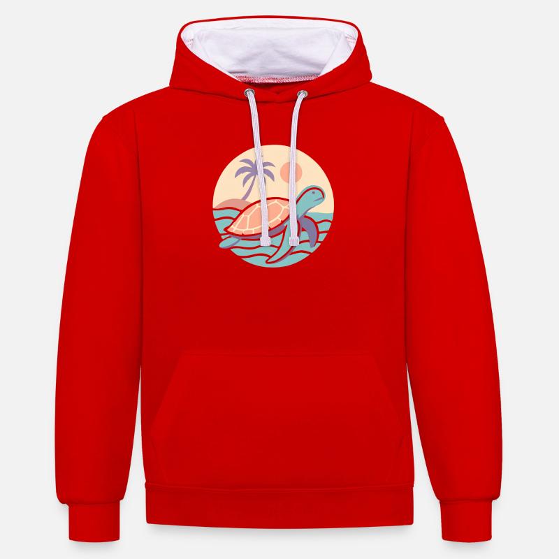 Tortue rétro sur la plage - Sweat à capuche contrasté - rouge/blanc