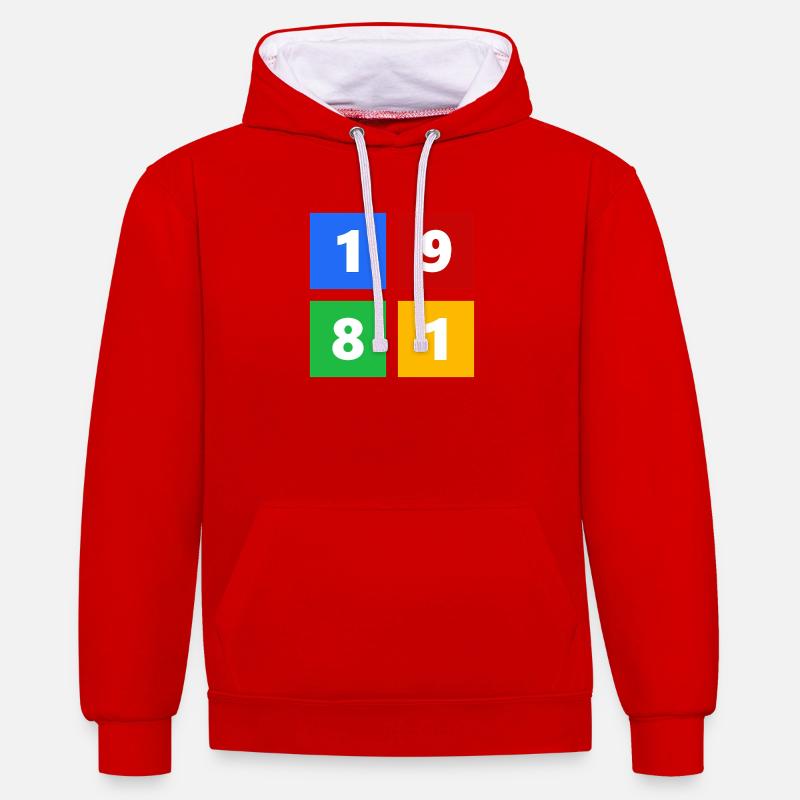 1981 - Sweat à capuche contrasté - rouge/blanc