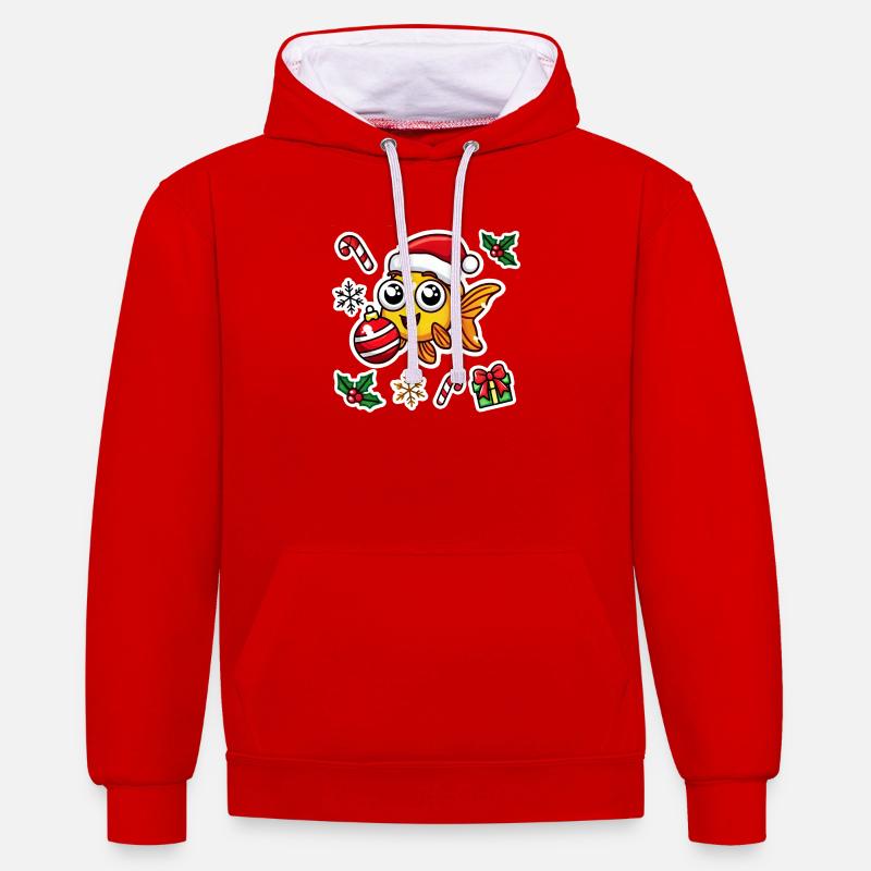 Baignade de Noël poisson rouge - Sweat à capuche contrasté - rouge/blanc