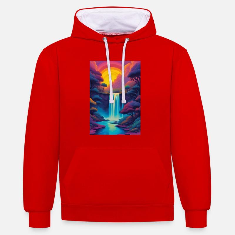 Paysage au coucher du soleil - Sweat à capuche contrasté - rouge/blanc