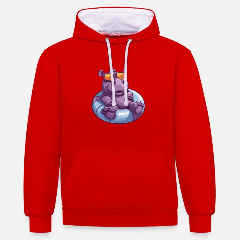 Hippopotame Bande dessinée d’été - Sweat à capuche contrasté - rouge/blanc