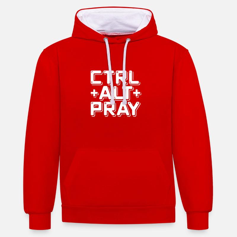 Message chrétien Ctrl Alt Prier - Sweat à capuche contrasté - rouge/blanc