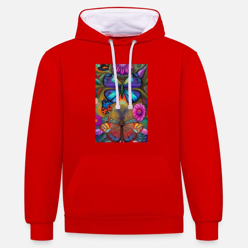 Fleurs et papillon - Sweat à capuche contrasté - rouge/blanc