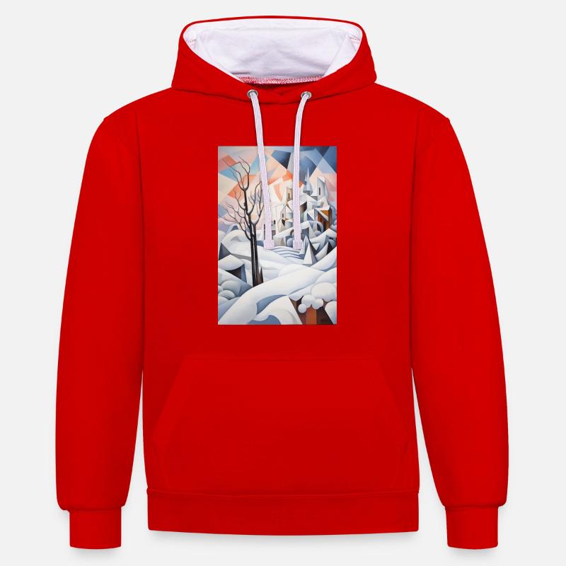 paysage enneigé dans un style géométrique - Sweat à capuche contrasté - rouge/blanc