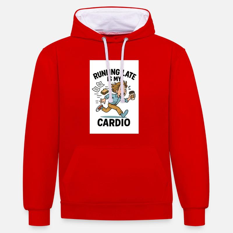 Courir trop tard, c’est mon cardio - Sweat à capuche contrasté - rouge/blanc