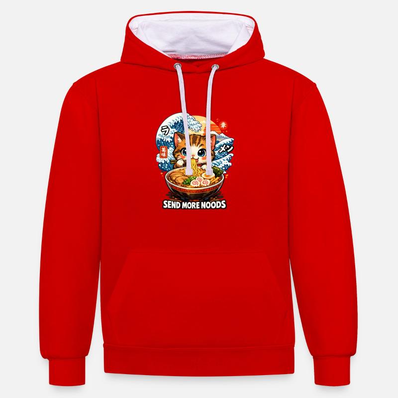 Ukiyoe de ramen pour chat - Sweat à capuche contrasté - rouge/blanc