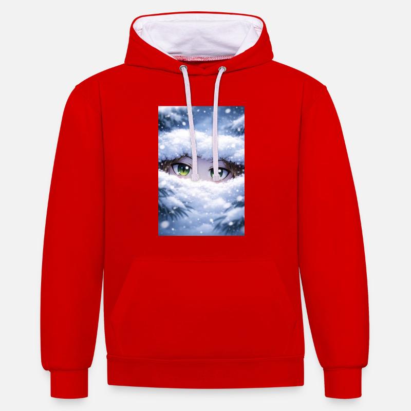 Des yeux d’anime dans la neige - Sweat à capuche contrasté - rouge/blanc
