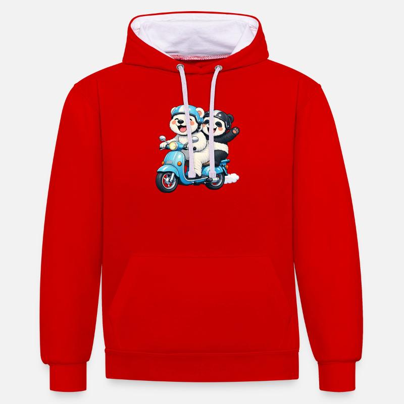 Ours polaire et panda en scooter - Sweat à capuche contrasté - rouge/blanc