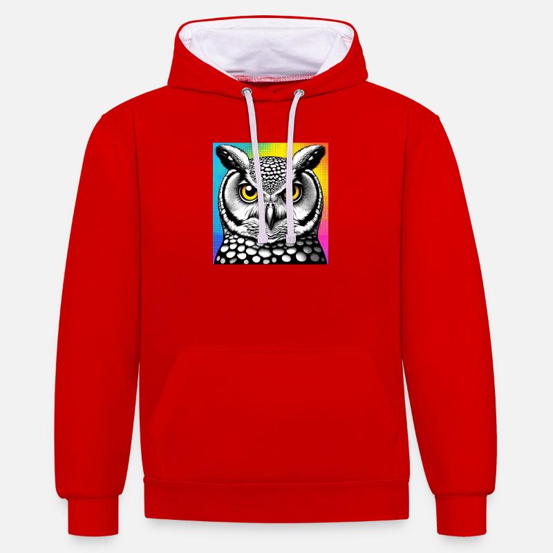 Eule - Kontrast-Hoodie - Rot/Weiß