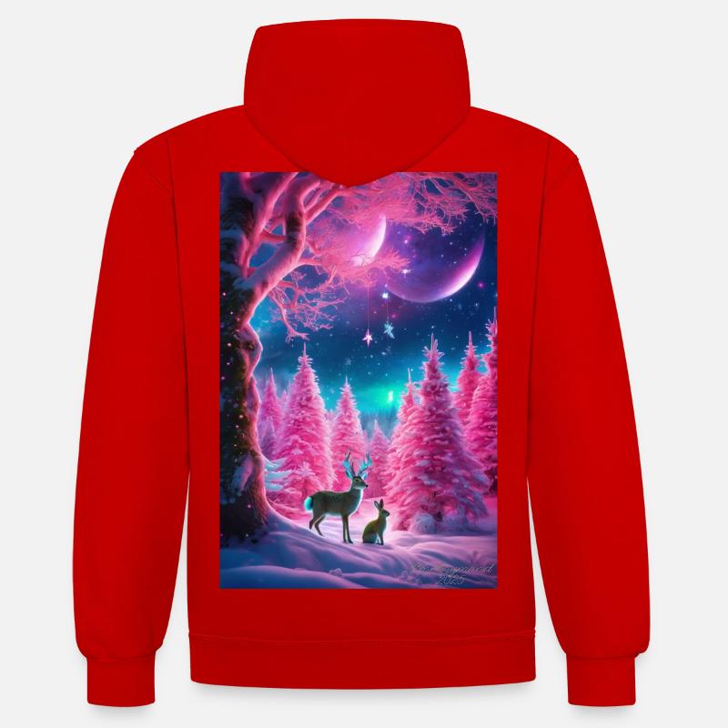 Rêve de cerf hivernal néon - Sweat à capuche contrasté - rouge/blanc