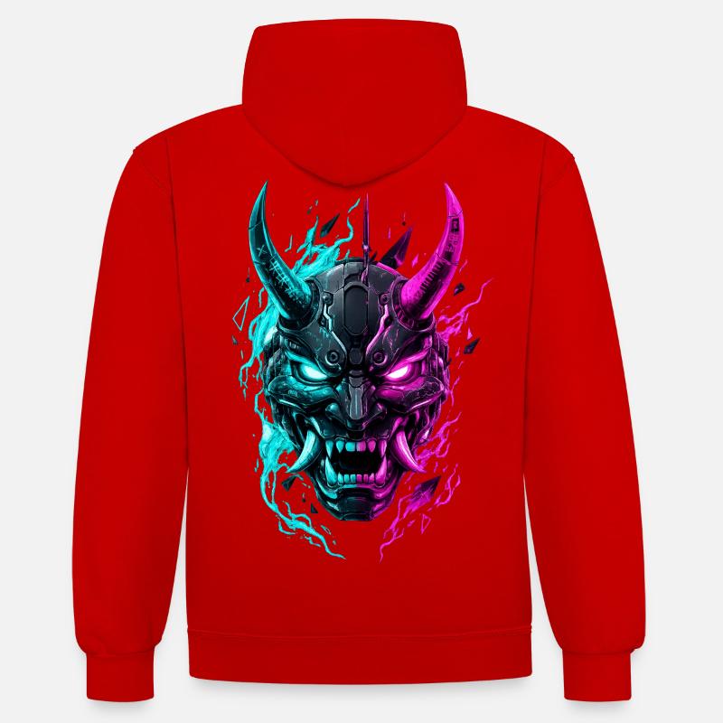 Masque Cyber Oni Néon - Sweat à capuche contrasté - rouge/blanc