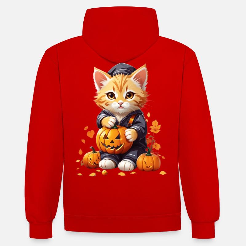 Chat mignon avec citrouille - Sweat à capuche contrasté - rouge/blanc